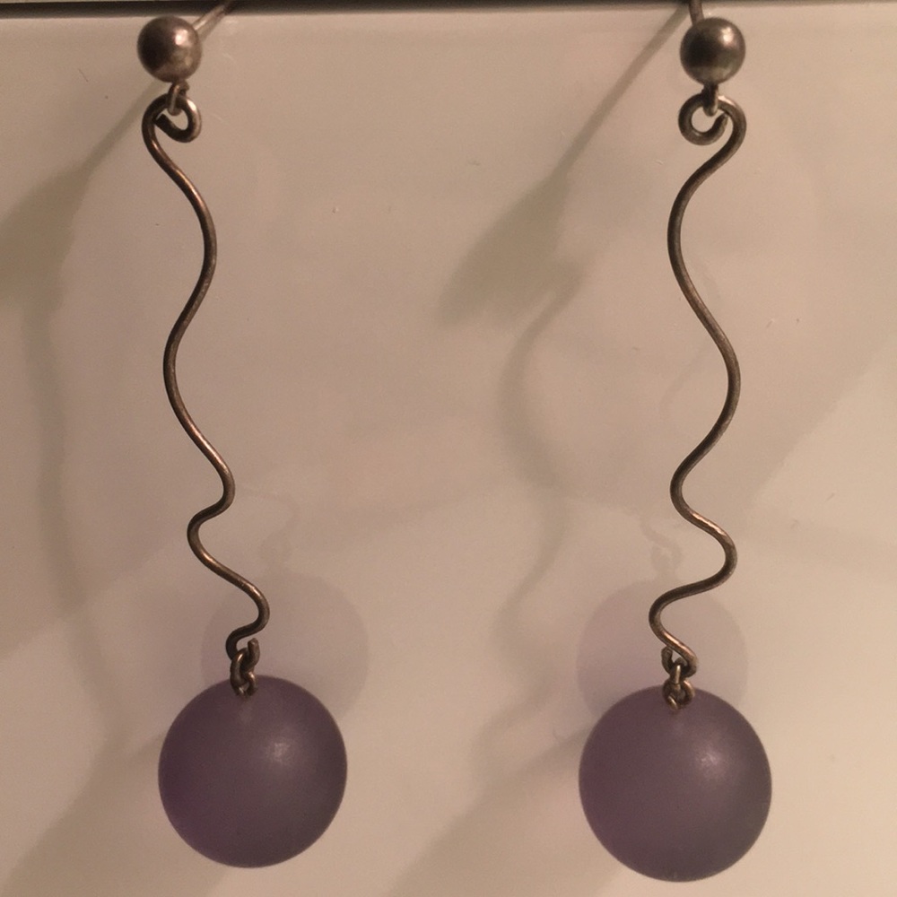 Vintage 80s Silver Drop Earrings with Navy Ball